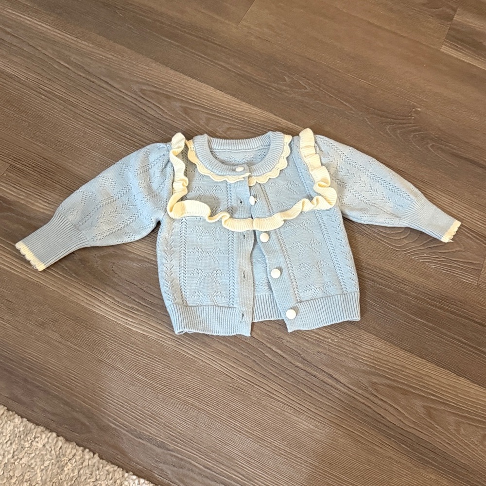 Baby girl blue knit ruffle lace pattern puff sleeves cardigan
